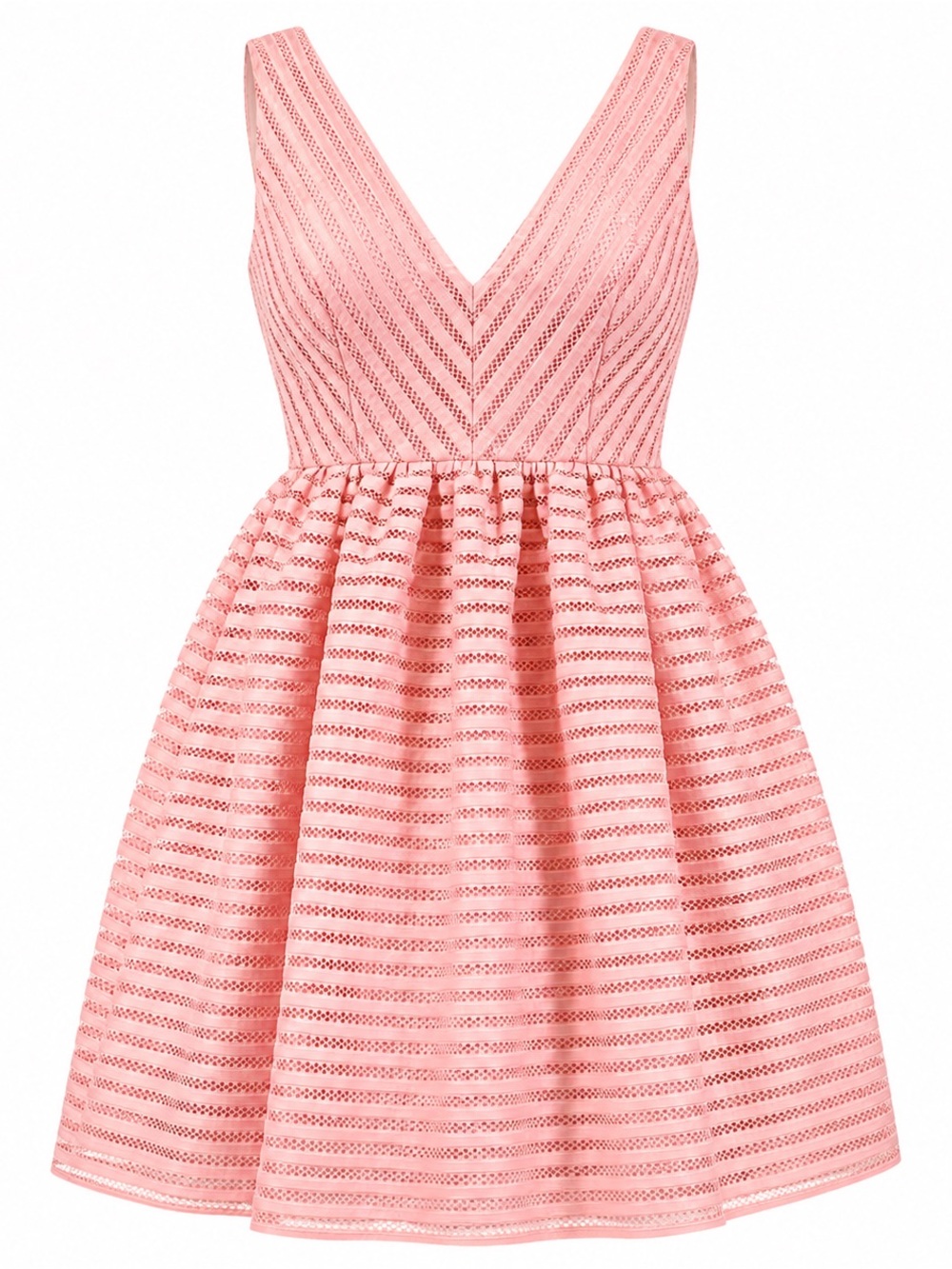Aqua Coral Pink V-Neck Lace Stripe Fit-and-Flare Prom Dress